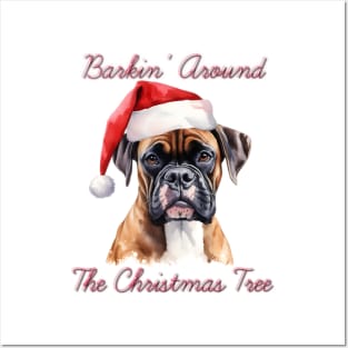 Christmas Boxer Dog in Santa Hat Posters and Art